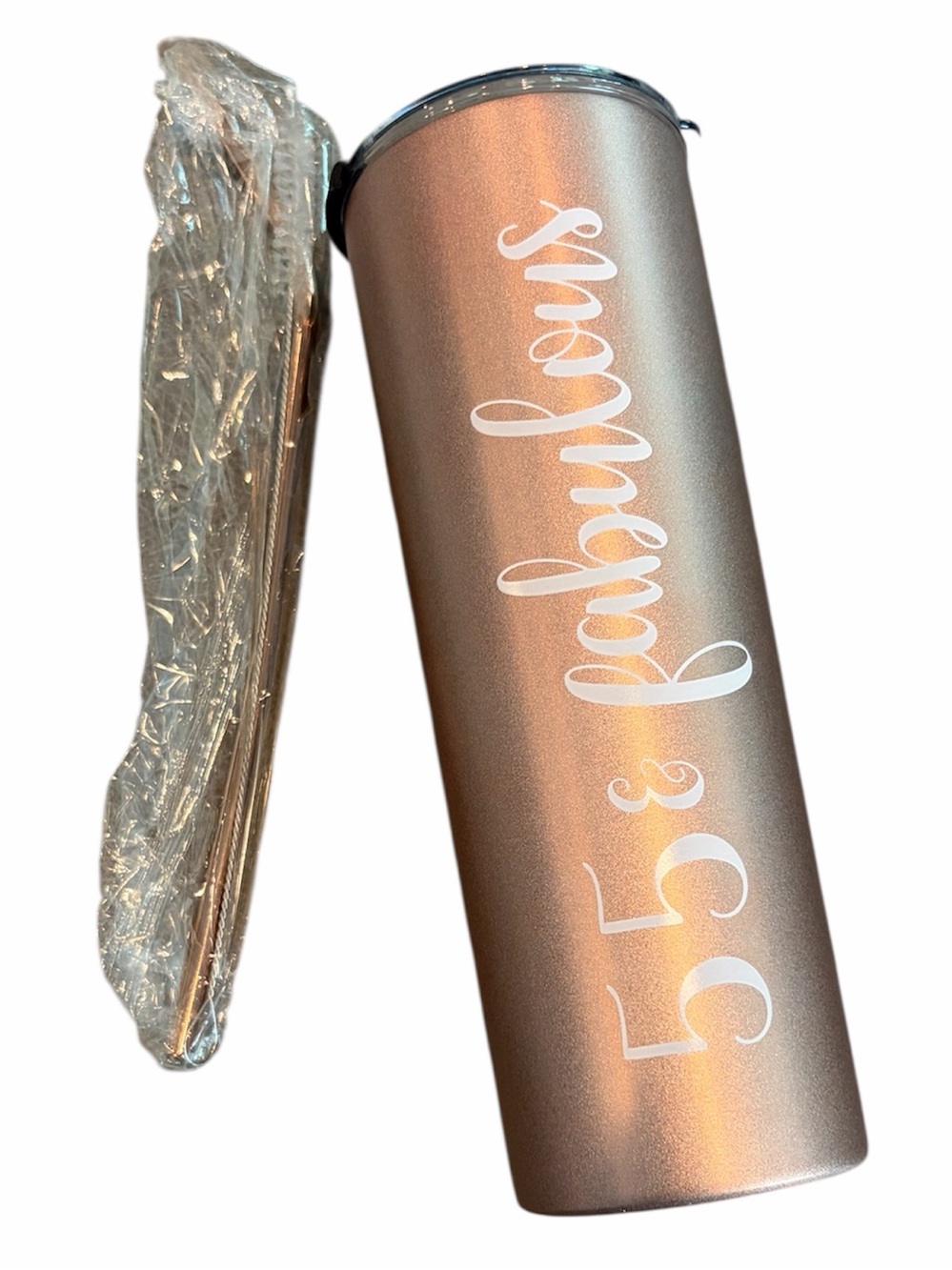 Rose Gold Metallic Tumbler with Straw - "55 & Fabulous"